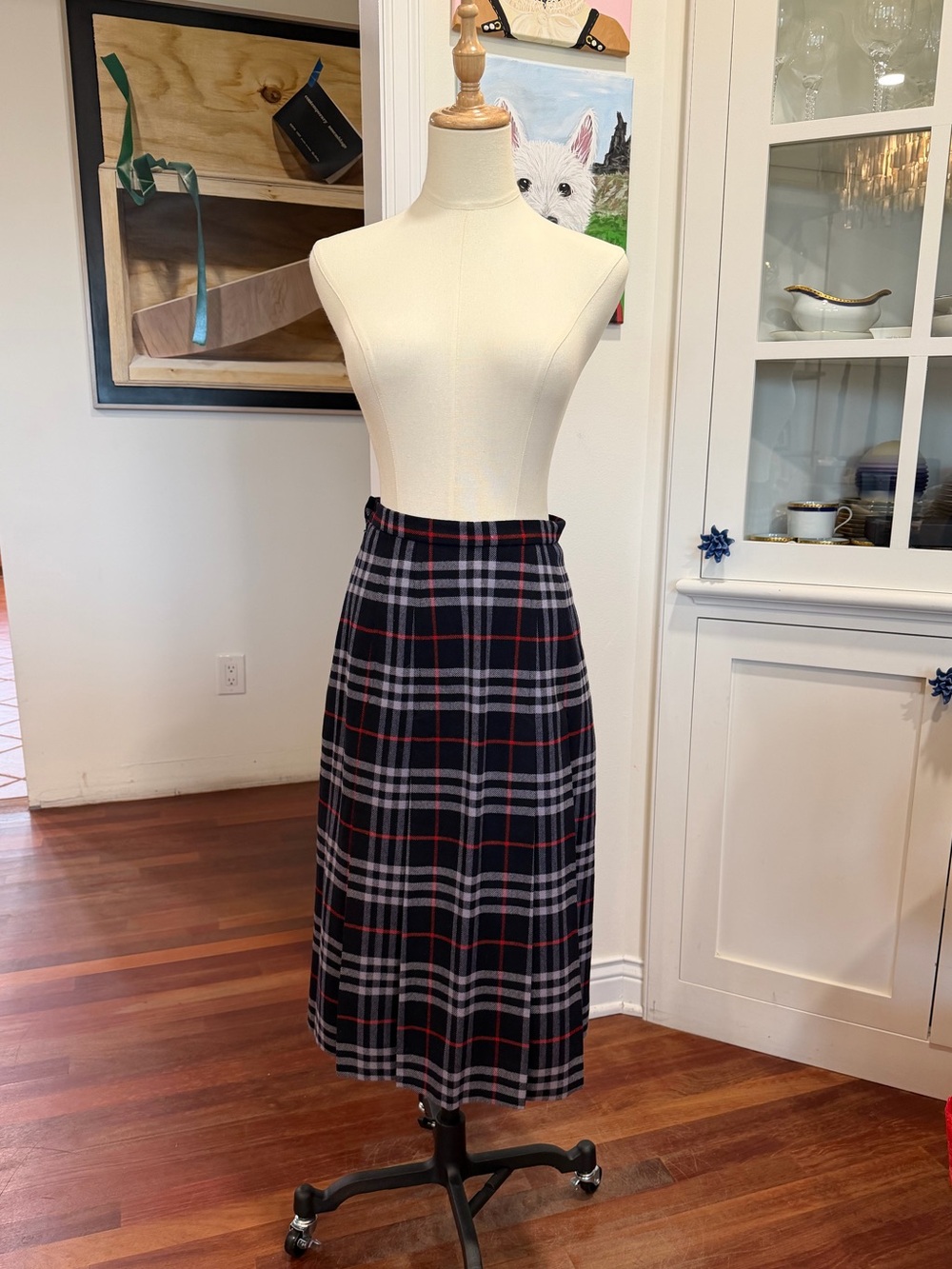 Burberry Vintage Navy, Gray & Red Plaid Midi Skirt